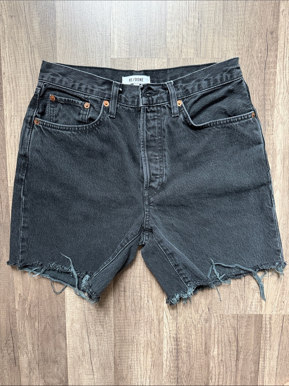 Re/Done Black High-Rise Button-Fly Denim Cutoff Shorts